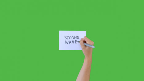 Frau-Schreibt-Zweite-Welle-Auf-Papier-Mit-Grünem-Bildschirm